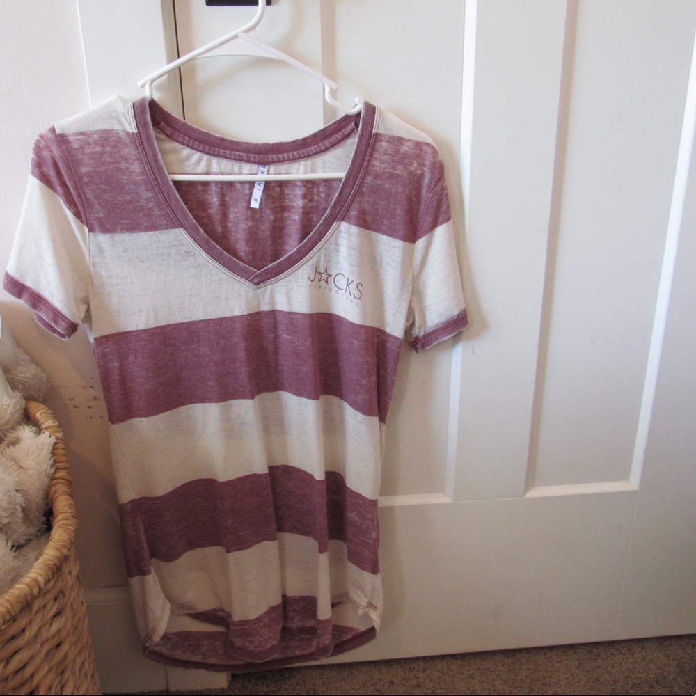 Burgundy and white thick striped v neck